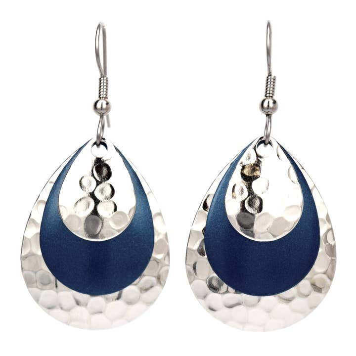 Everyday Deep Blue Hammered Triple Earrings Lure Jewelry USA for wholesale by Eye Catching Jewelry
