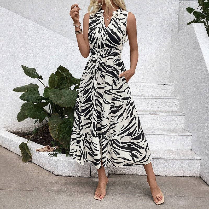 BLACK Zebra Print V-Neck Sleeveless Dress With Elastic Waist for wholesale on Faire2