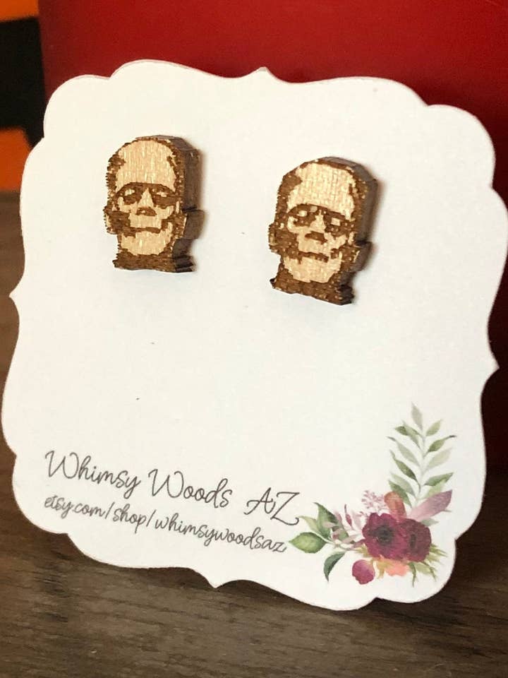 Halloween-øreringe - Frankensteins Monster Halloween temafest Træøreringe til hende - Halloween-gave for engroshandel hos Whimsy Woods AZ