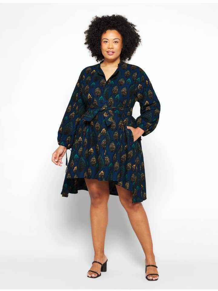 Fea Blue African Print Shirt Dress High Low Long Sleeve for wholesale by Besida