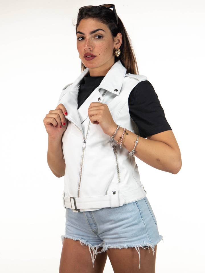 Gilet en cuir véritable blanc Valery pour femme pour la vente par Michelangelo srls