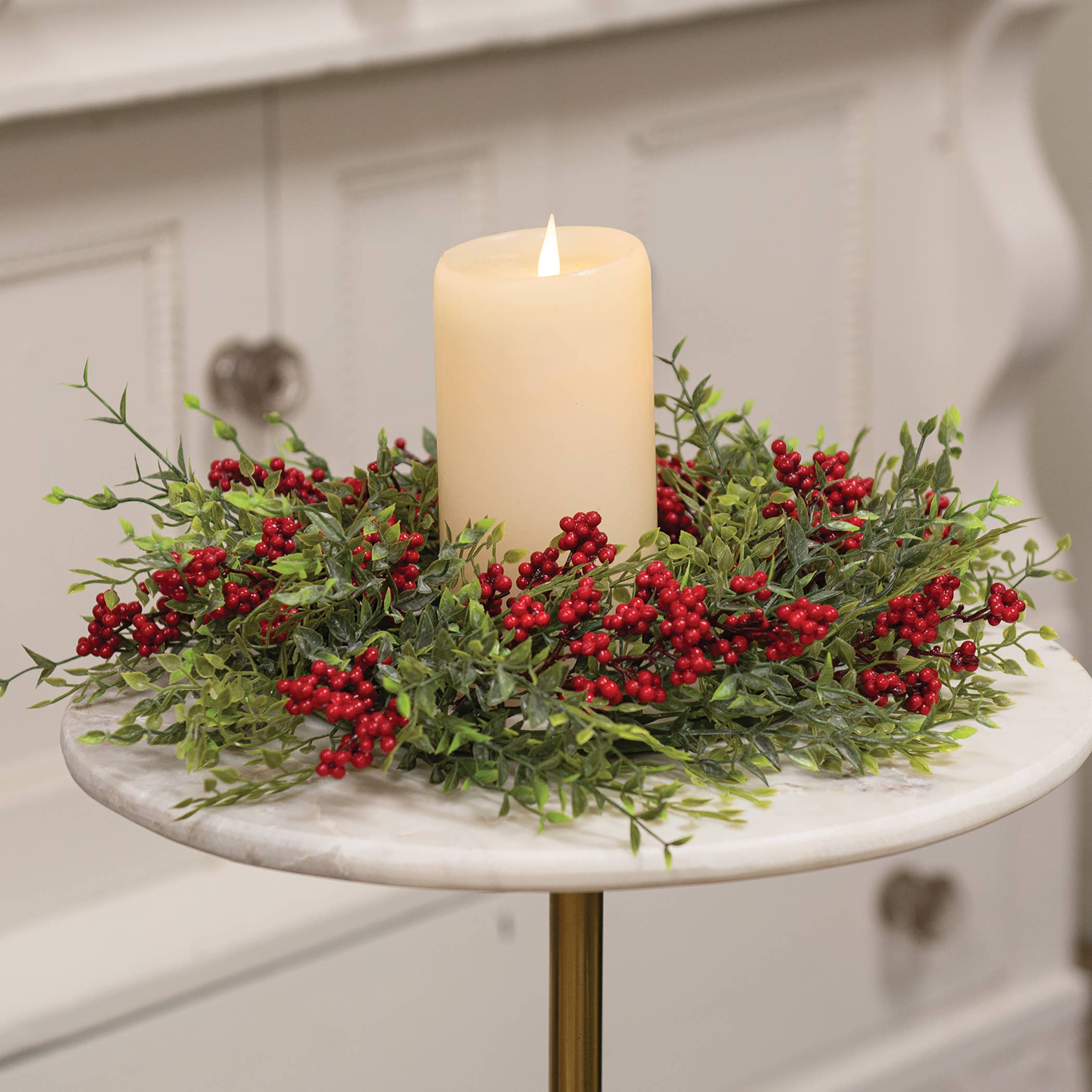 Saybrook Lane - Wholesale Candle Holder - Teeny Leaves and Red Berries Candle Ring - 6"1