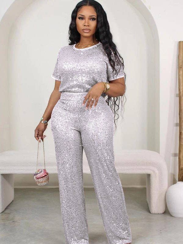 Aria Romance - Wholesale Top & Pant Set (NOT Loungewear) - Women's - Sequin solid color short-sleeved pants two-piece set