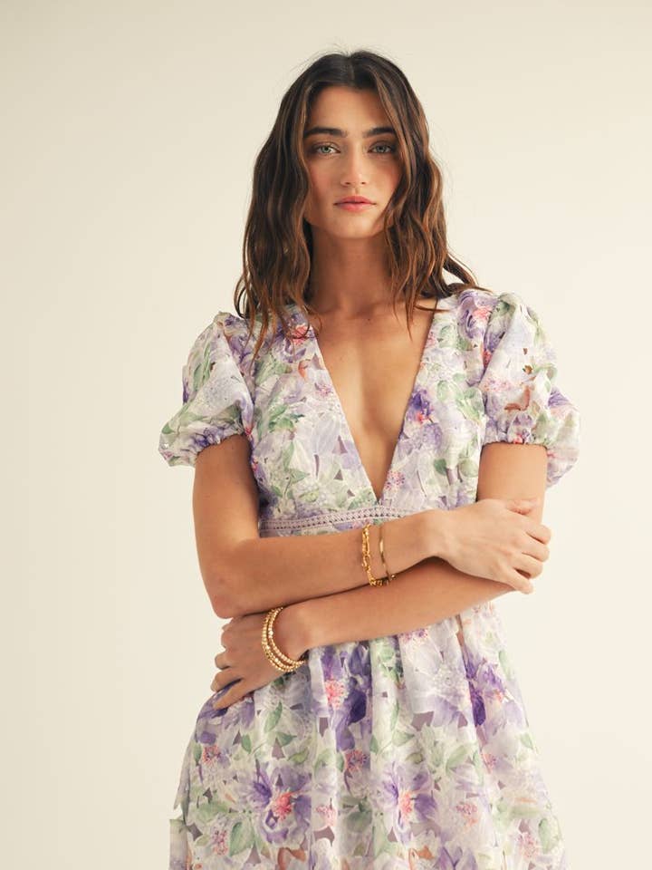 DEEP V NECK FLORAL LACE FLARE MIDI DRESS for wholesale by JUST ME