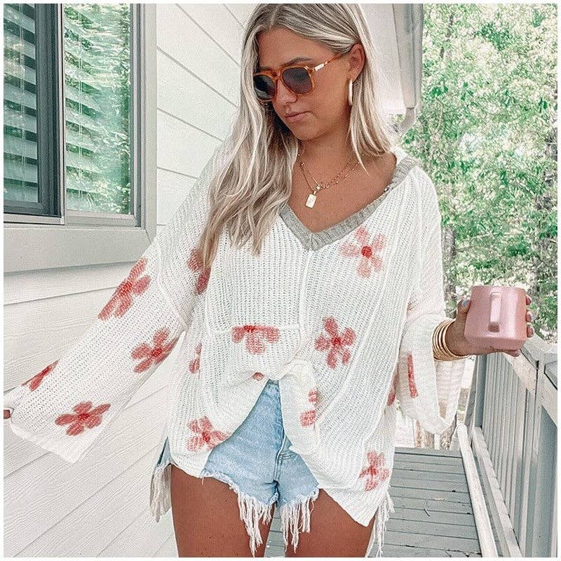 WHITE Floral Print Lightweight Hooded Sweater for wholesale on Faire0