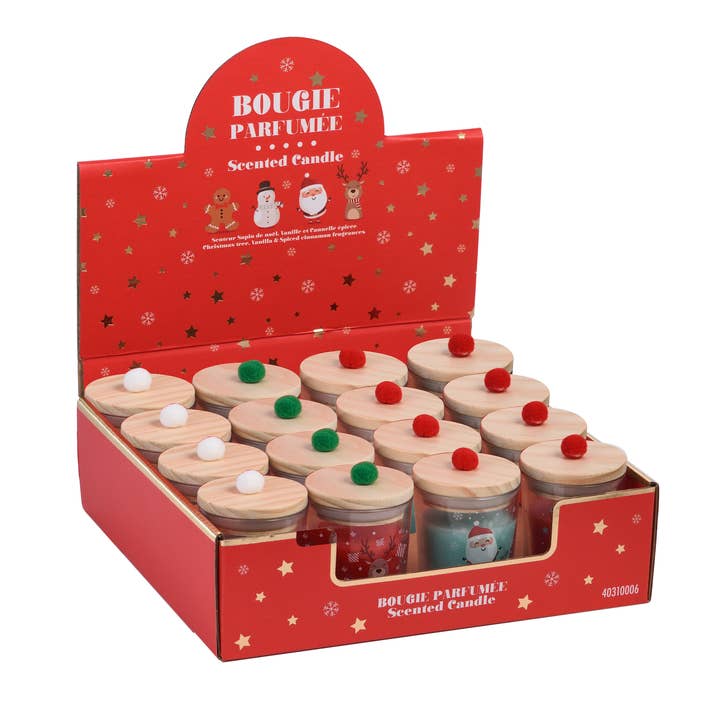 Display of 16 scented candles with wooden lid 55 g for wholesale by POLYFLAME / LAGUIOLE BOUGIES