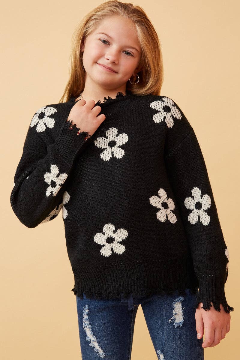 Hayden LA - Wholesale Knit Sweater - Kids - Girls Distressed Floral Patterned Pullover Sweater3