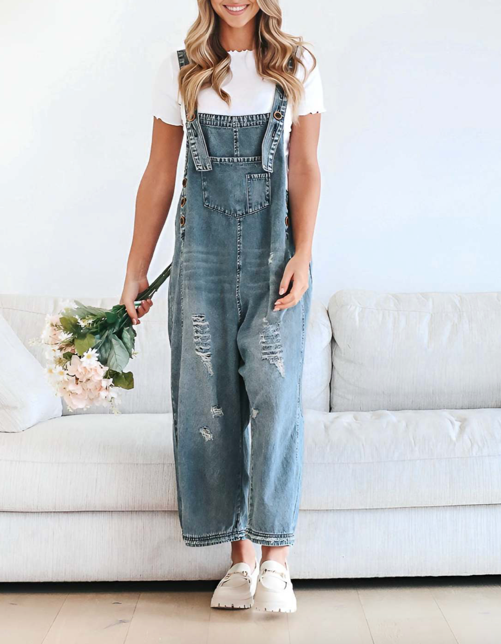 EmberLoom – Engroshandel Overalls - Dame – Kvinders bredbenede buksedragt med slidte detaljer denim overalls11