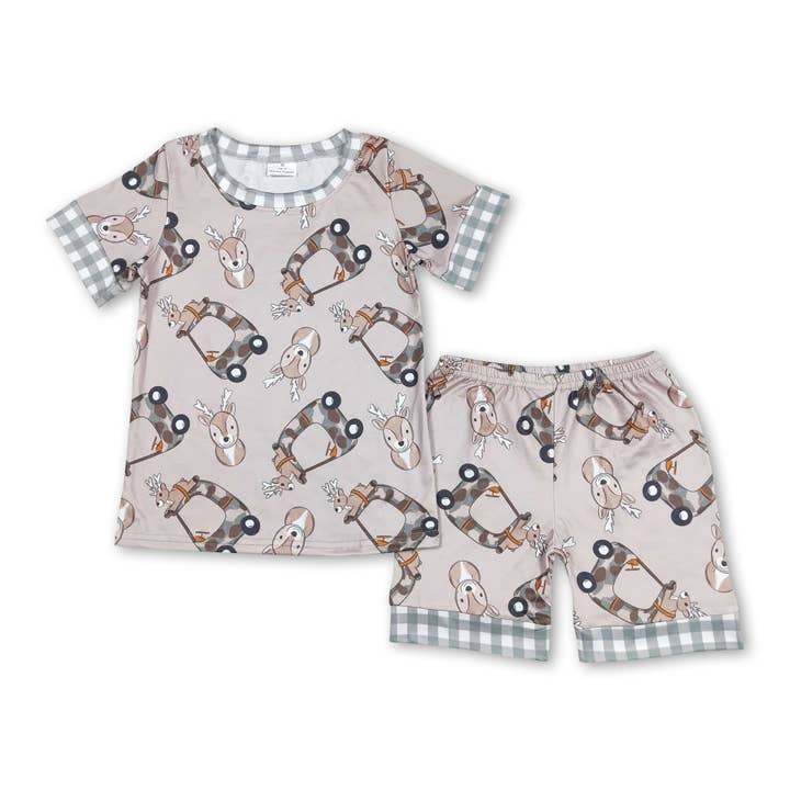 Camo deer plaid short sleeves kids boy summer pajamas for wholesale by Yawoo Garments