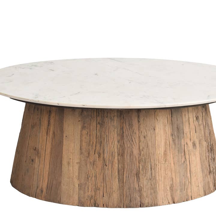 Oval Wood Coffee Table with Marble Top H 18" & Dia 28" for wholesale on Faire1