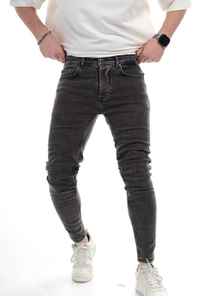 Heren Zwarte Gewassen Skinny Fit Stretch Denim Jeans 0925C1489 voor wholesale door Monocloth