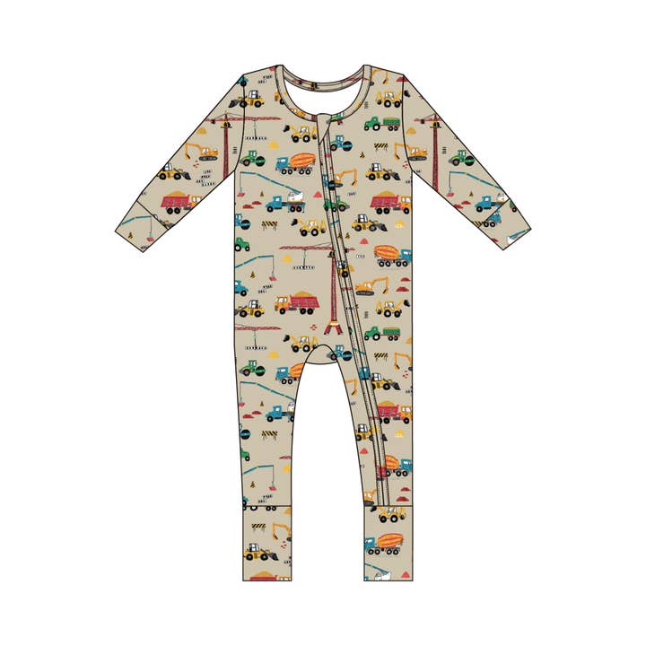 Small Ribbed Bamboo Zip Romper — Sand Construction for wholesale by bug + bean kids