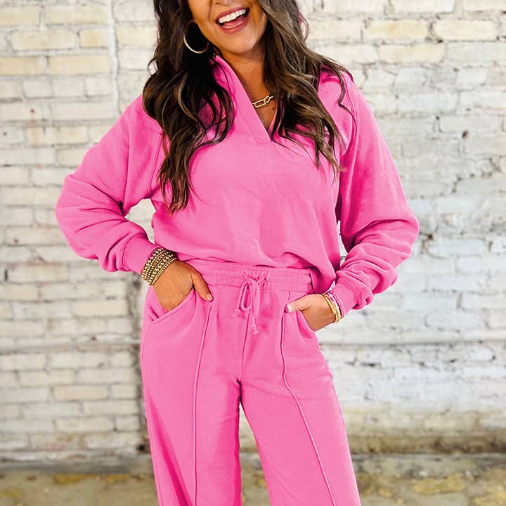 Solid Color Collared Pullover and Central Seam Pants Set and other Purchase Wholesale two piece pants. Free Returns & Net 60 Terms on Faire trending on Faire.