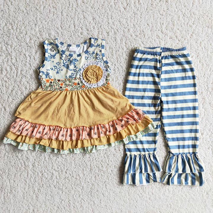 Girl Floral Tunic Striped Pants Outfit for wholesale by Yawoo Garments