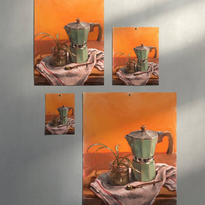 The Ugly Cat Studio - Wholesale Art Print - Moka Pot and Spider Plant Still Life Fine Art Poster Print
