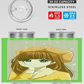 Belle et jolie fille aux longs cheveux bruns avec un chapeau jaune 128#- anime- Tumbler pour la vente par Mugs R Us