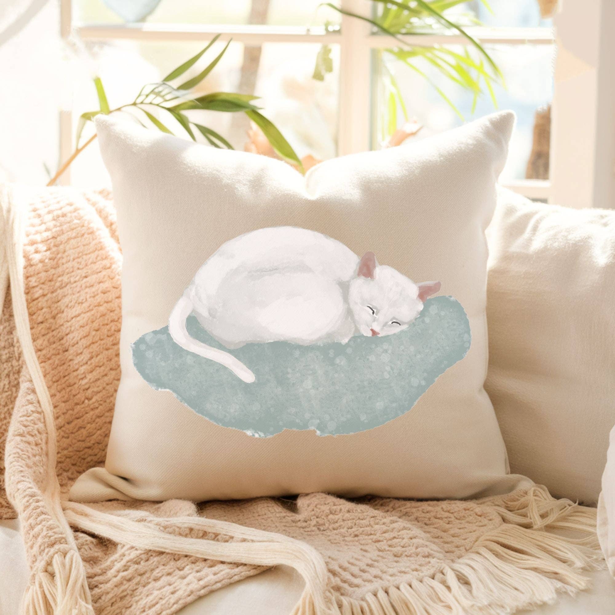 MerikaArt - Wholesale Throw/Decorative Pillow - Sleeping White Cat Pillow1