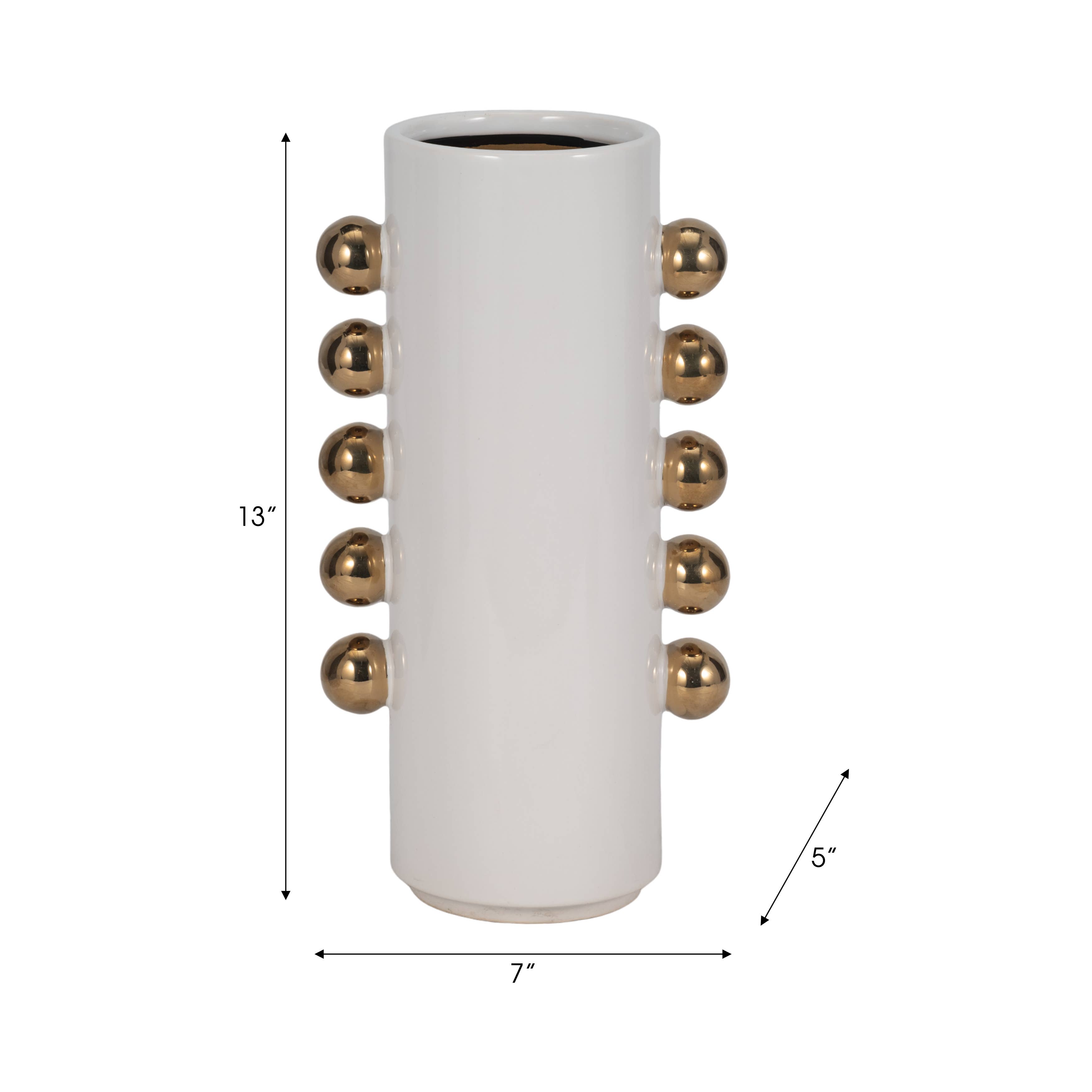 Sagebrook Home - Wholesale Vase - Vase - White/Gold Ceramic Cylinder with Side Knobs, 13 in.1