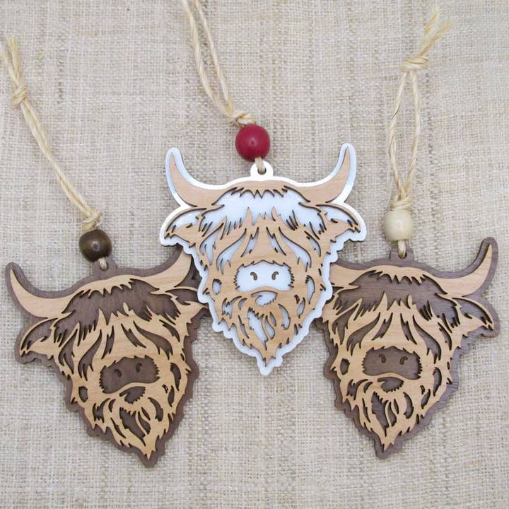 Wooden Highland Cow Christmas Ornament for wholesale by Memories for Life
