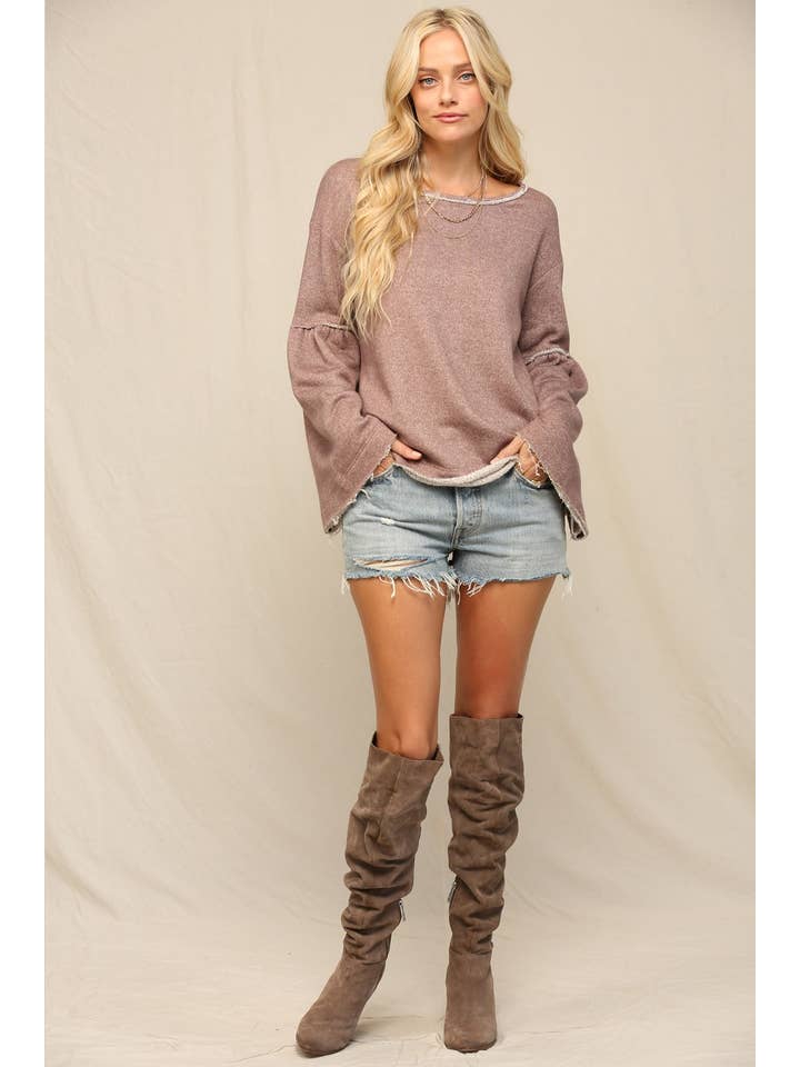 Mocha French Terry Oversized Bell Sleeve Tunic Top for wholesale on Faire2