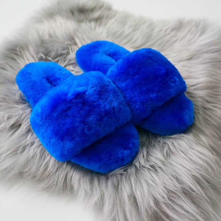 Australian Sheepskin Fluffy Slipper - Blue (Women's Sizing) for wholesale by SHEEPSKIN ELITE