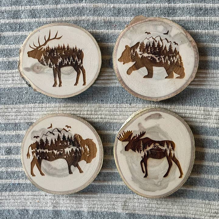 Parks Art Collection - Wholesale Coasters - Moose Coaster, Colorado Aspen Wood, Laser Engraved2