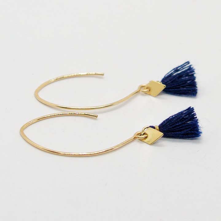 Long earrings with blue tassel and rhombus for wholesale by Sista Jewelry