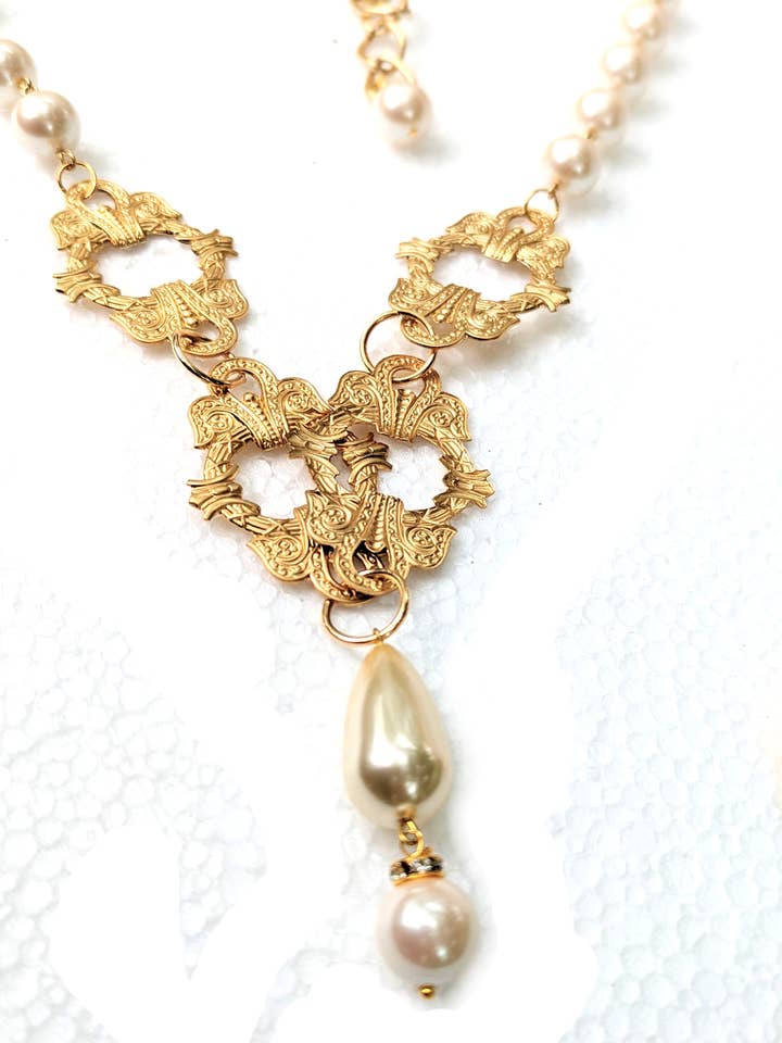 Handlinked Vintage Pearls Brass Pressing Necklace for wholesale by Gay Isber Designs