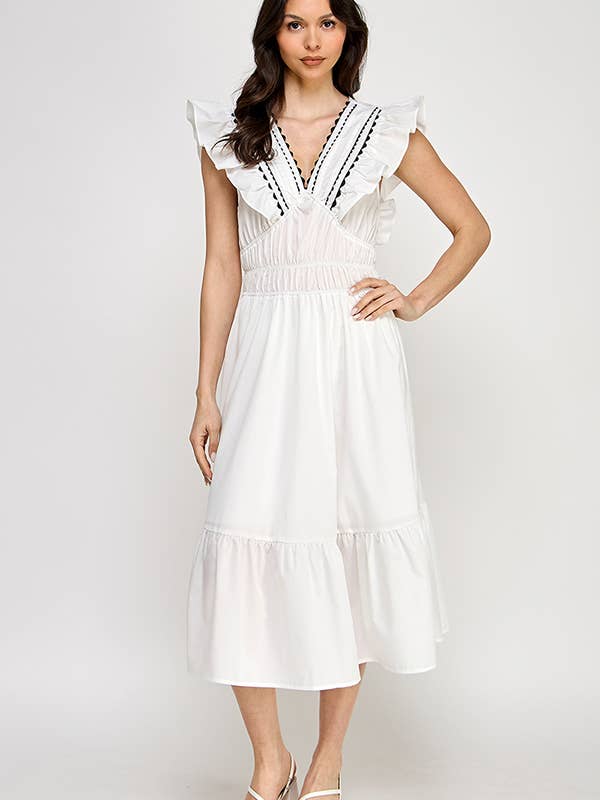 RUBIENN - Wholesale Dress - Women's - Lace Trim V-Neck Sleeveless Smocked Midi Dress.4
