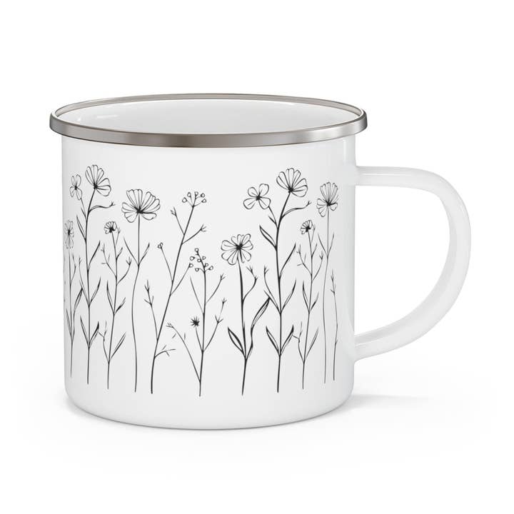 Caneca de Campismo Minimalista com Flores em Esmalte por atacado de Wander Trails