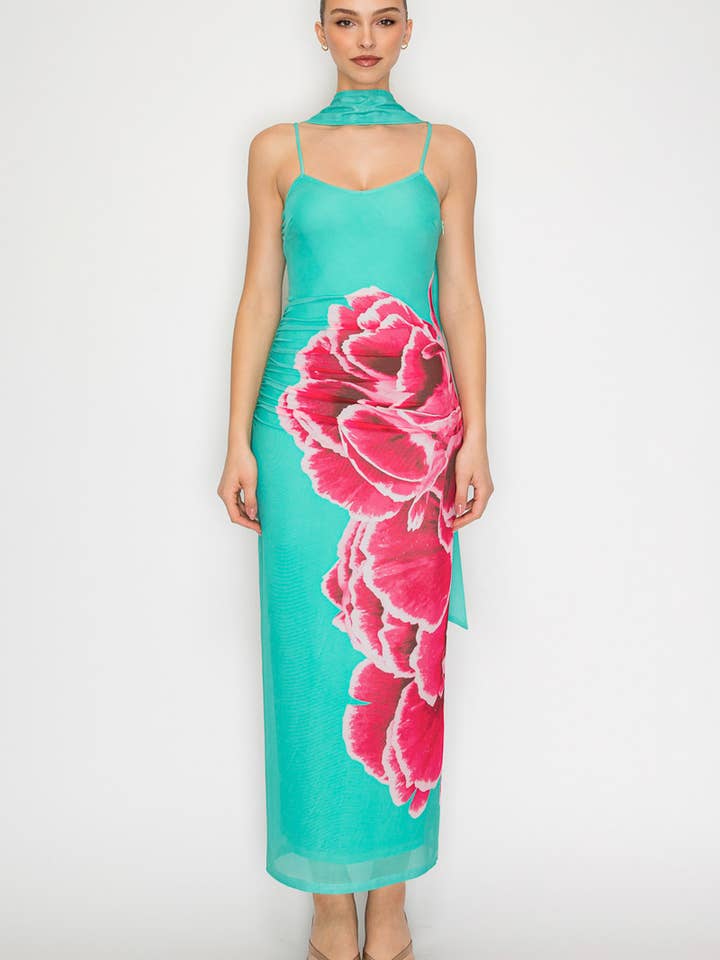 Eclipse Scarf Rouched Mesh Print Maxi Dress for wholesale by Nabae Clothing