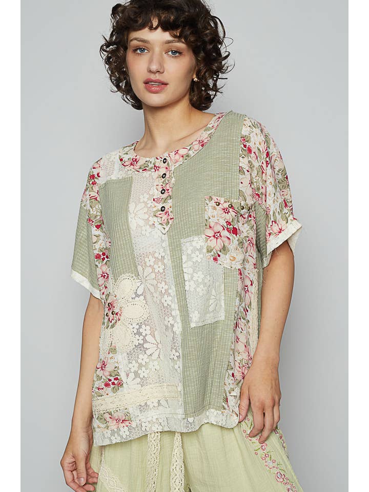 Pol Clothing - Wholesale Knit Top - Women's - Round neck short sleeve floral knit rib top SALE