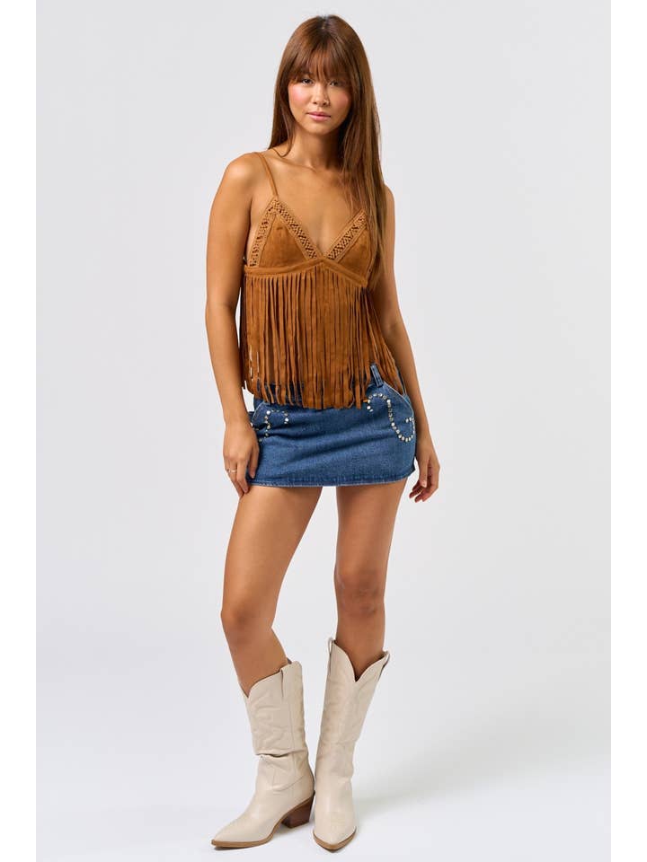LT BROWN IBT34729 Suede Fringe Tank Top for wholesale on Faire2