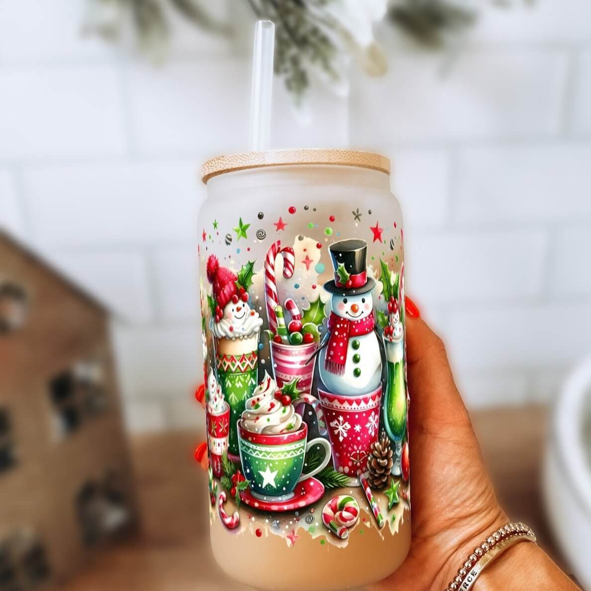 Sip-Sip Hooray! - Vendita all'ingrosso Bicchiere/tazza - Tazza con Coperchio e Cannuccia a Forma di Pupazzo di Neve Festivo0