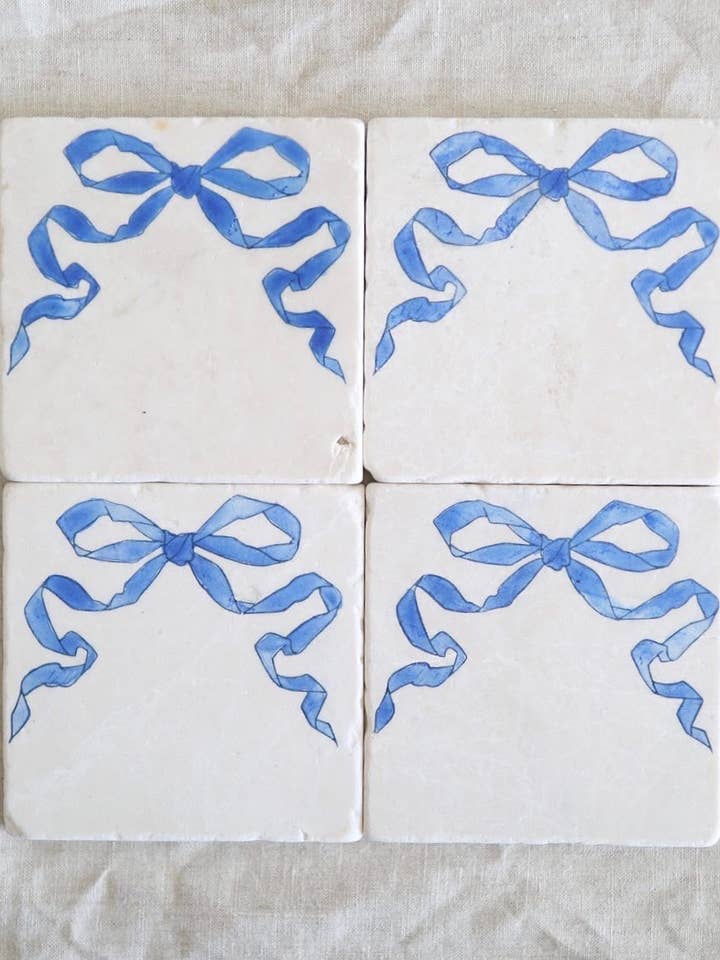 Blue and White Bow Marble Coaster for wholesale by Lace, Grace & Peonies Marble Coasters