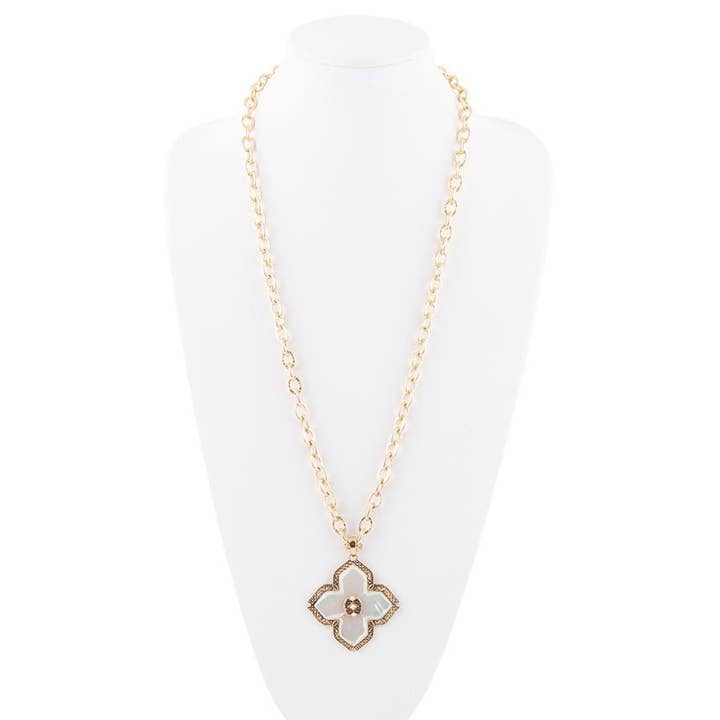 Maltese Cross White Mother of Pearl Golden Chain Pendant Necklace for wholesale by Barse Jewelry