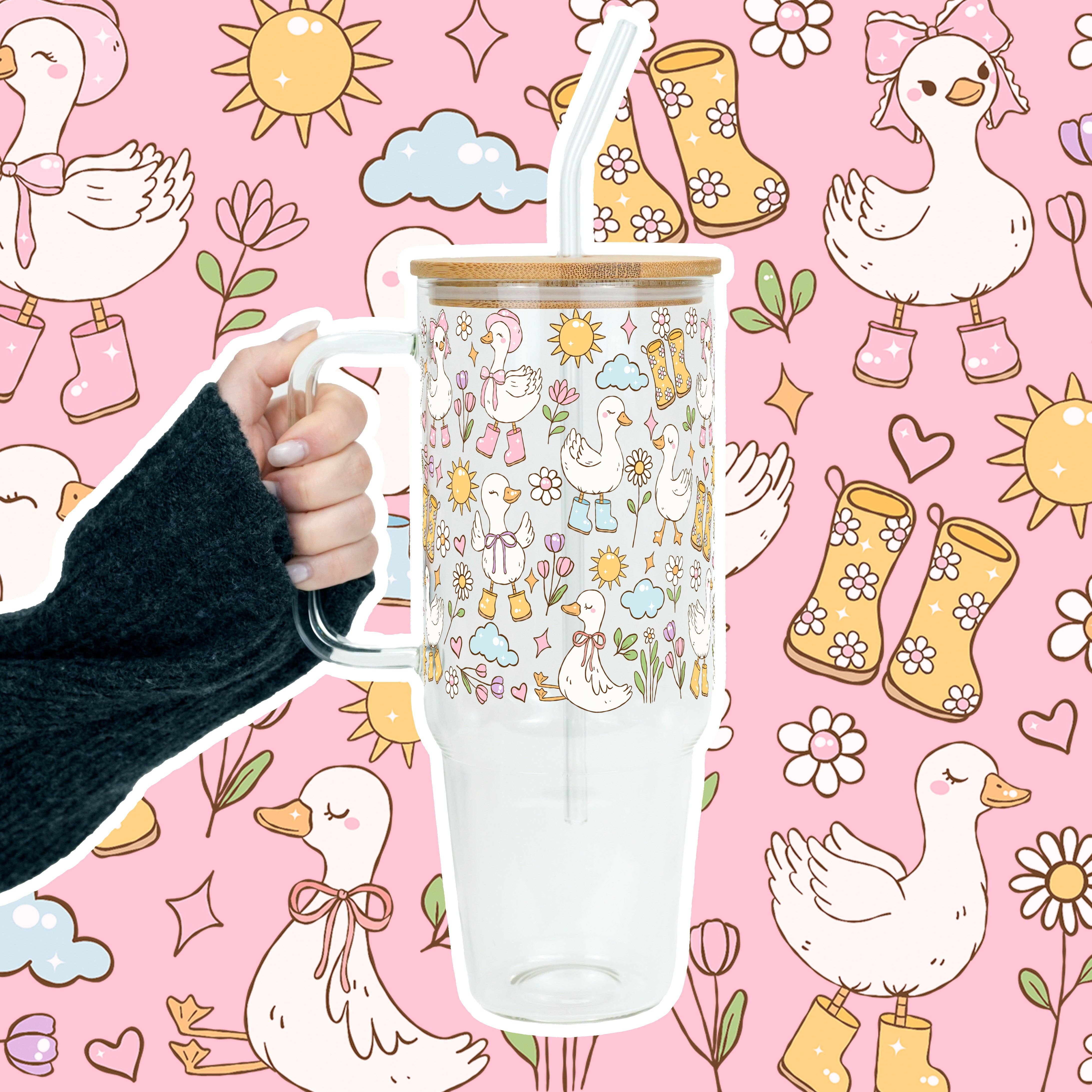 Sip-Sip Hooray! - Vendita all'ingrosso Bicchiere/tazza termica - Bicchiere o Tazza in Vetro o Plastica da 40oz con Coperchio e Cannuccia, Stile Cottage-Core Primaverile con Oca Carina1