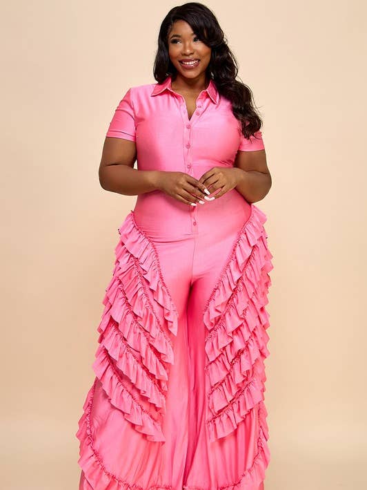 Regular Short Sleeve Front Button Ruffle Detail Jumpsuit for wholesale by Namatt Design