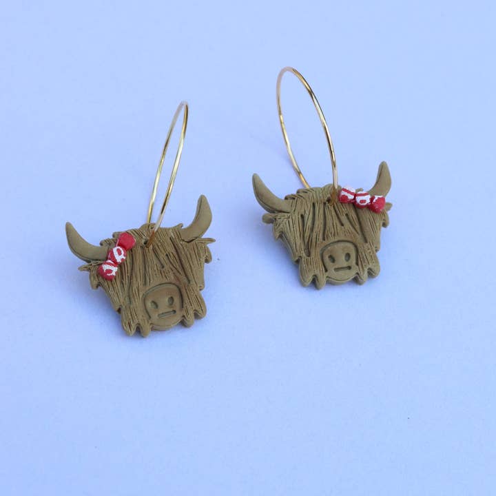 Lily and Sparrow Clay - Wholesale Hoop Earrings - Bessie the Riveter Highland Cow Hoops2