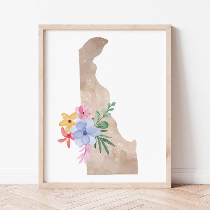 Delaware Floral Silhouette Art Print for wholesale by Backstory Map Co.