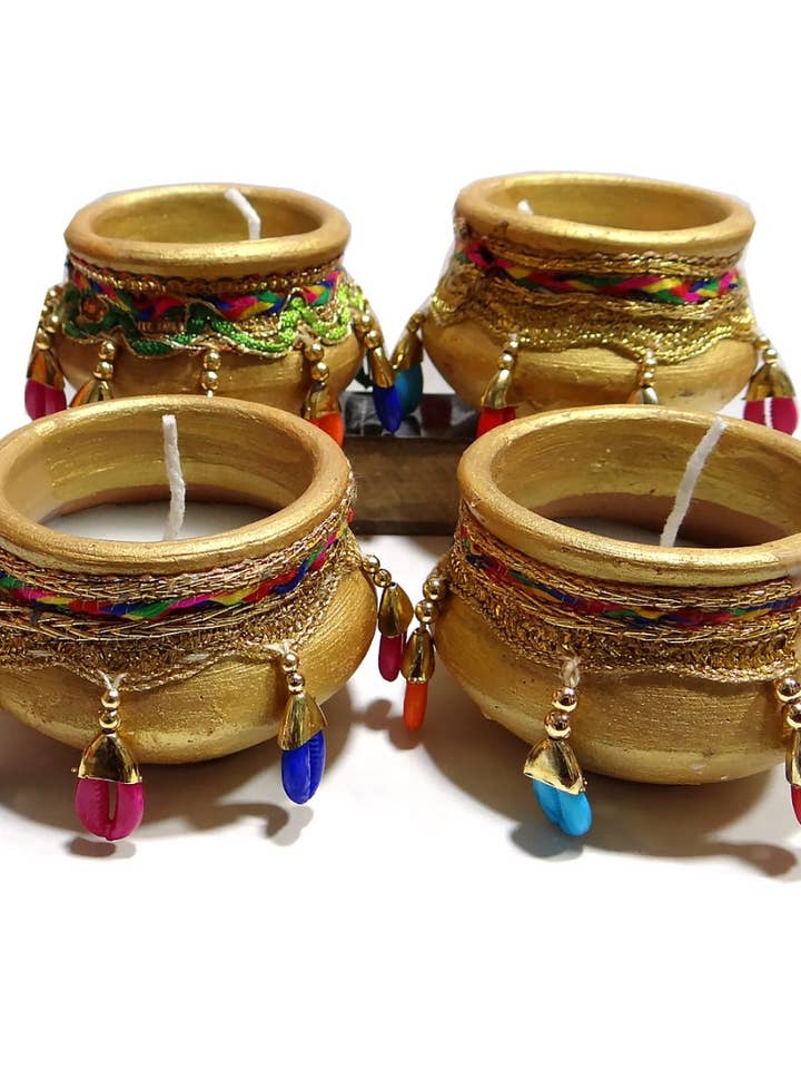 Matki Diyas with wax In Gift Box (Set of 4) Decorated Gold for wholesale by Ancientveda