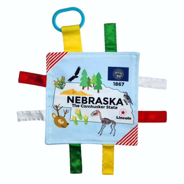 Nebraska State Baby Crinkle Tag Square 8"x 8" Toy for wholesale by Baby Jack and Company