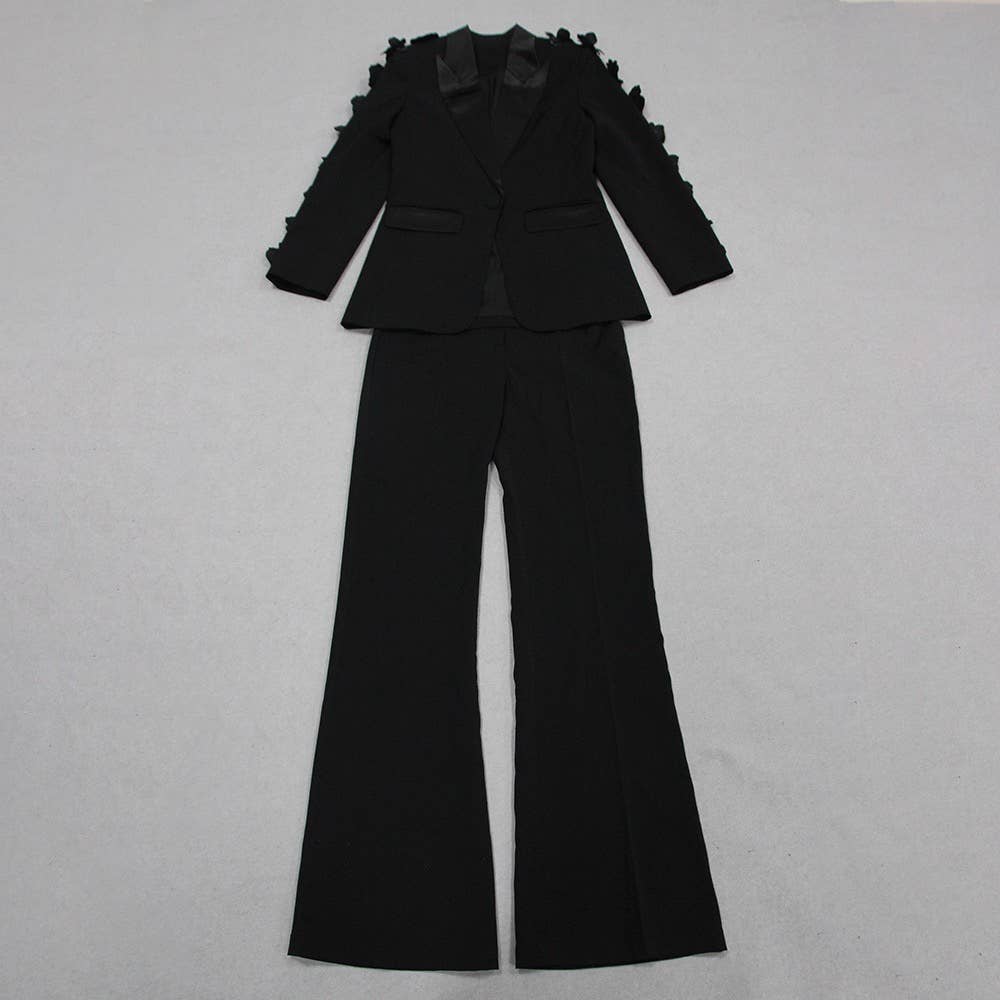 Black SET6-21 Elegant Floral Ruffle Blazer & Flare Pant Suit for wholesale on Faire9