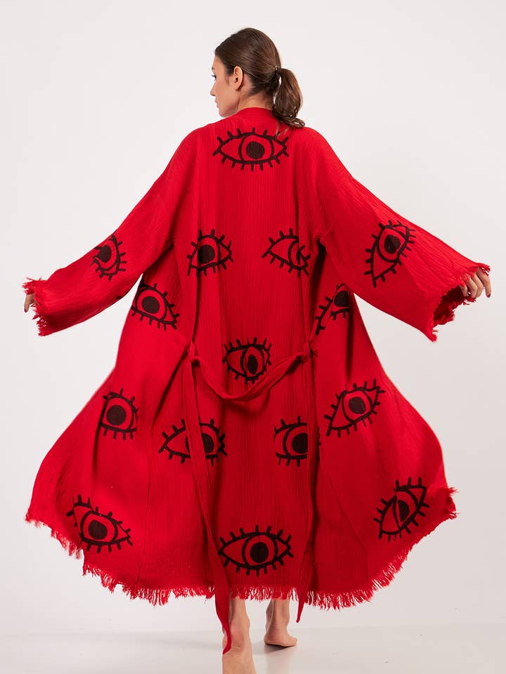 Turkish Evil Eye Print Red Black Kimono, Robe, Kaftan for wholesale by Yaz Concepts