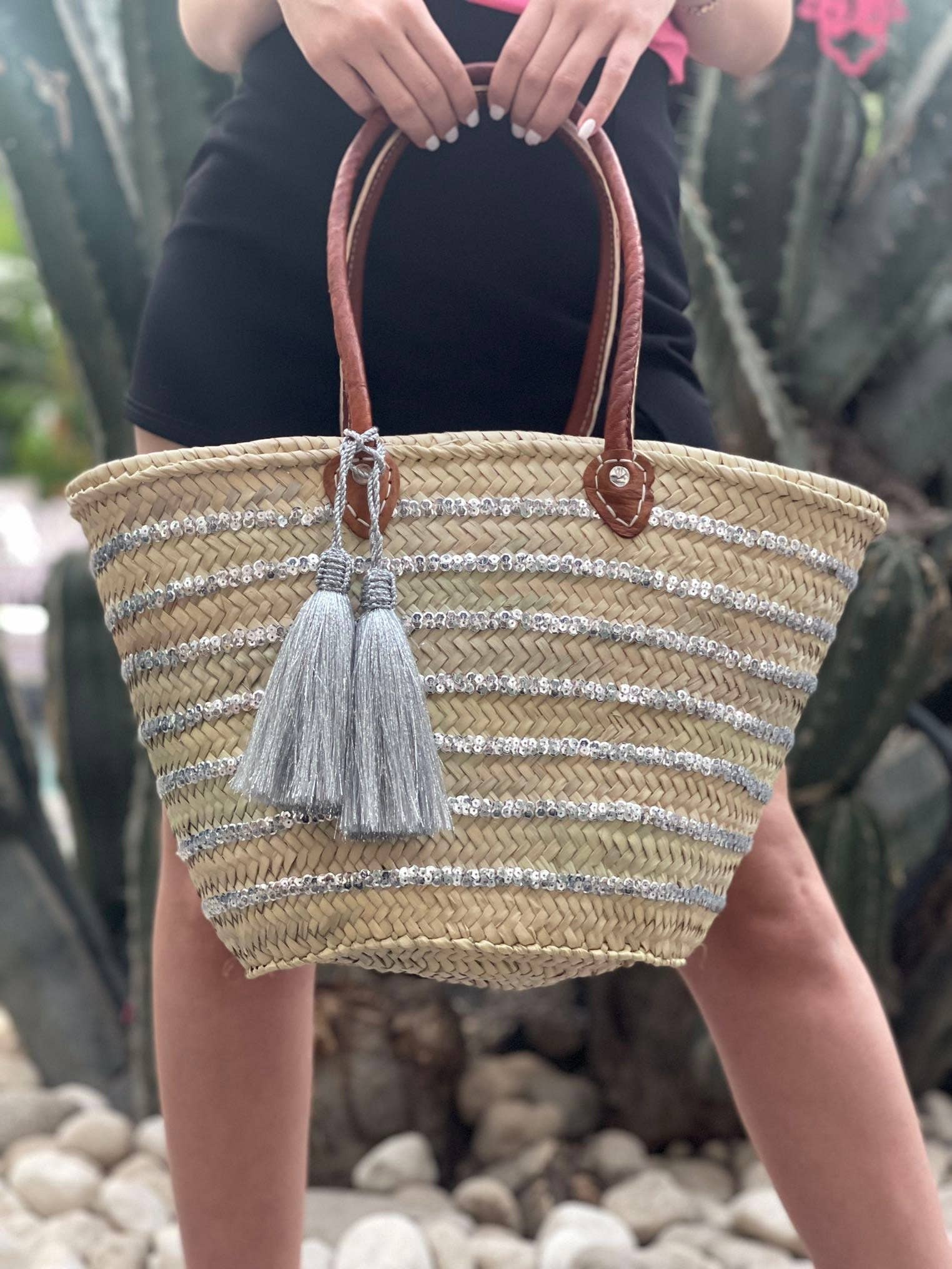 martitec - Vente Sac de plage - Sac à panier à paillettes | Sac à panier marocain tissé à la main argenté 4