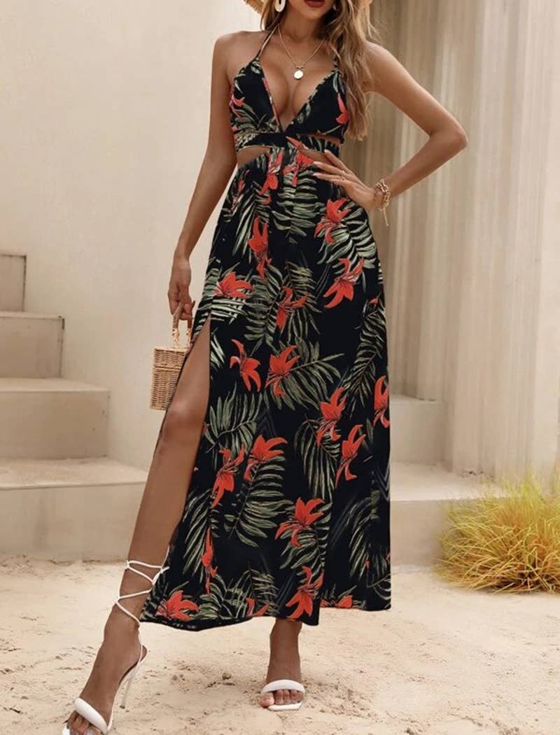 EmberLoom - Vente Robe – femme - Robe longue tropicale à col licou avec détails découpés4