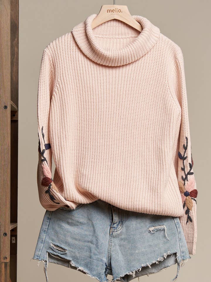 Blush Mock Neck Embroidered Sweater for wholesale on Faire