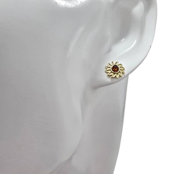 Amberman - Wholesale Stud/Post Earrings - Cognac Amber Gold Plated Silver Flower Stud Earrings1