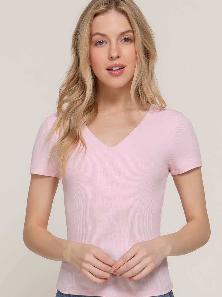 Short Sleeve V-neck 2 Ply Rayon Rib Knit Top for wholesale by Active Basic | Active USA