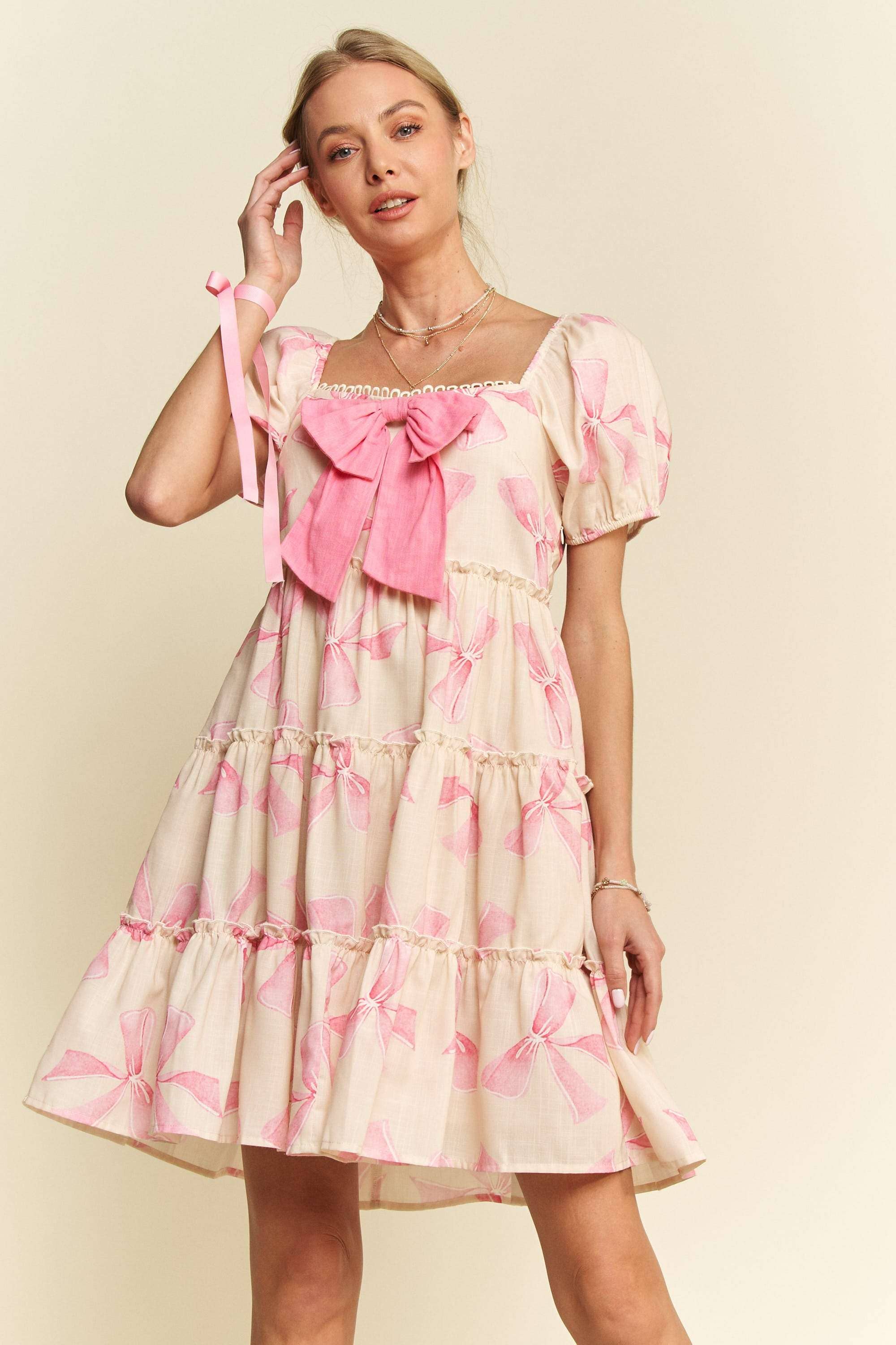 Davi & Dani - Wholesale Dress - Women's - BOW PRINTED PUFF SMOCKING BACK TIERED DRESS12